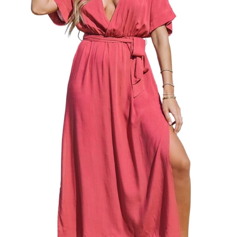 CUPSHE Women Short Sleeve Wrap V-Neck Side Slit Maxi Dress NEW